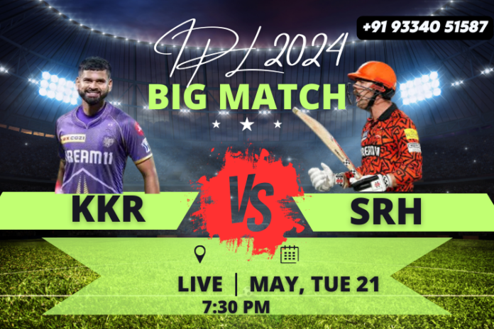 Poster for IPL 2024 Qualifier 1 featuring Kolkata Knight Riders (KKR) vs Sunrisers Hyderabad (SRH) at Narendra Modi Stadium. Highlights include player analysis, fantasy cricket tips, and live streaming details. Key players: Shreyas Iyer, Pat Cummins, Andre Russell, Rashid Khan.