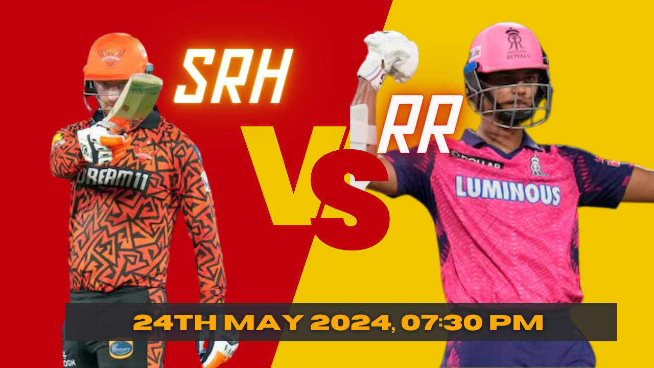 Sunrisers Hyderabad (SRH) and Rajasthan Royals (RR) logos against a cricket field backdrop, representing the IPL 2024 Qualifier 2 matchup between the two teams.