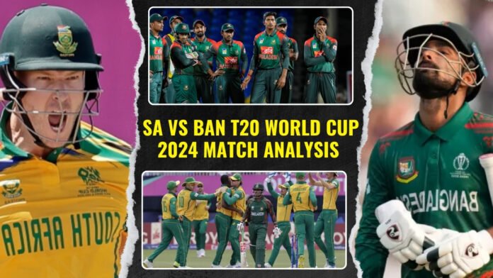 South African cricketers celebrating a victory against Bangladesh in a T20 World Cup match.