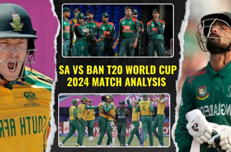 South African cricketers celebrating a victory against Bangladesh in a T20 World Cup match.